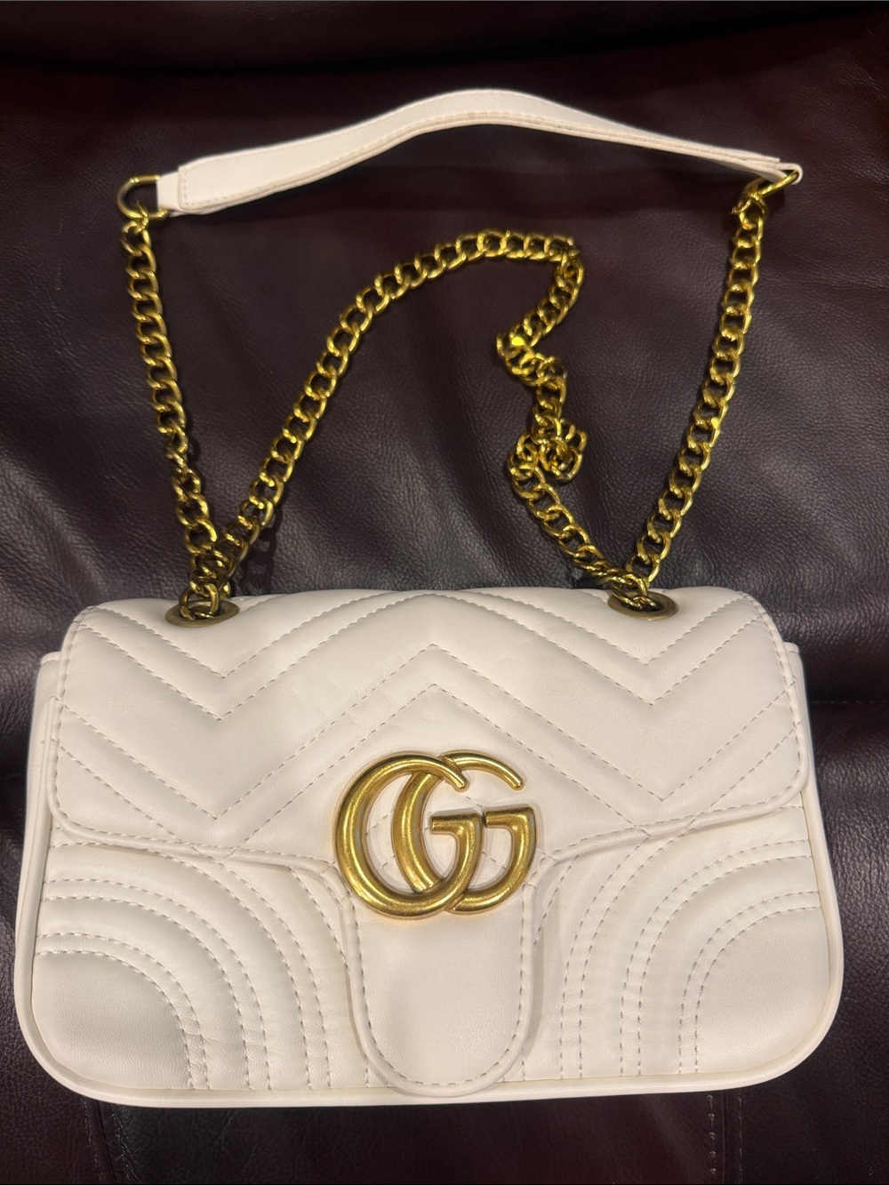 Designer Inspired - white matelassé “GG” emblem shoulder bag with gold chain